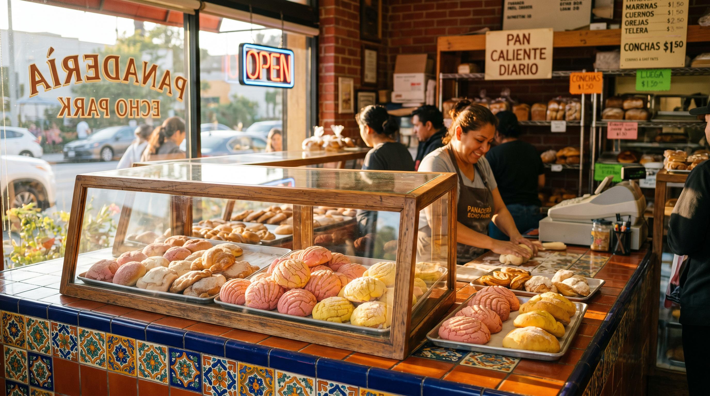 K Bakery interior with fresh Mexican pastries in a glass display case
