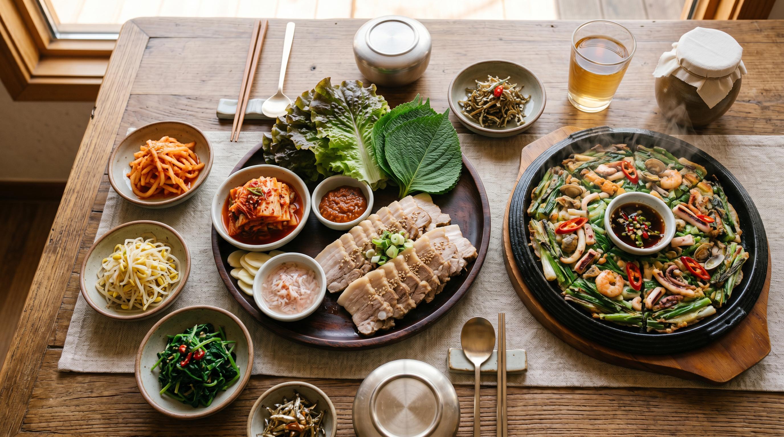 Korean bossam pork belly wraps and haemul pajeon seafood pancake on a wooden table