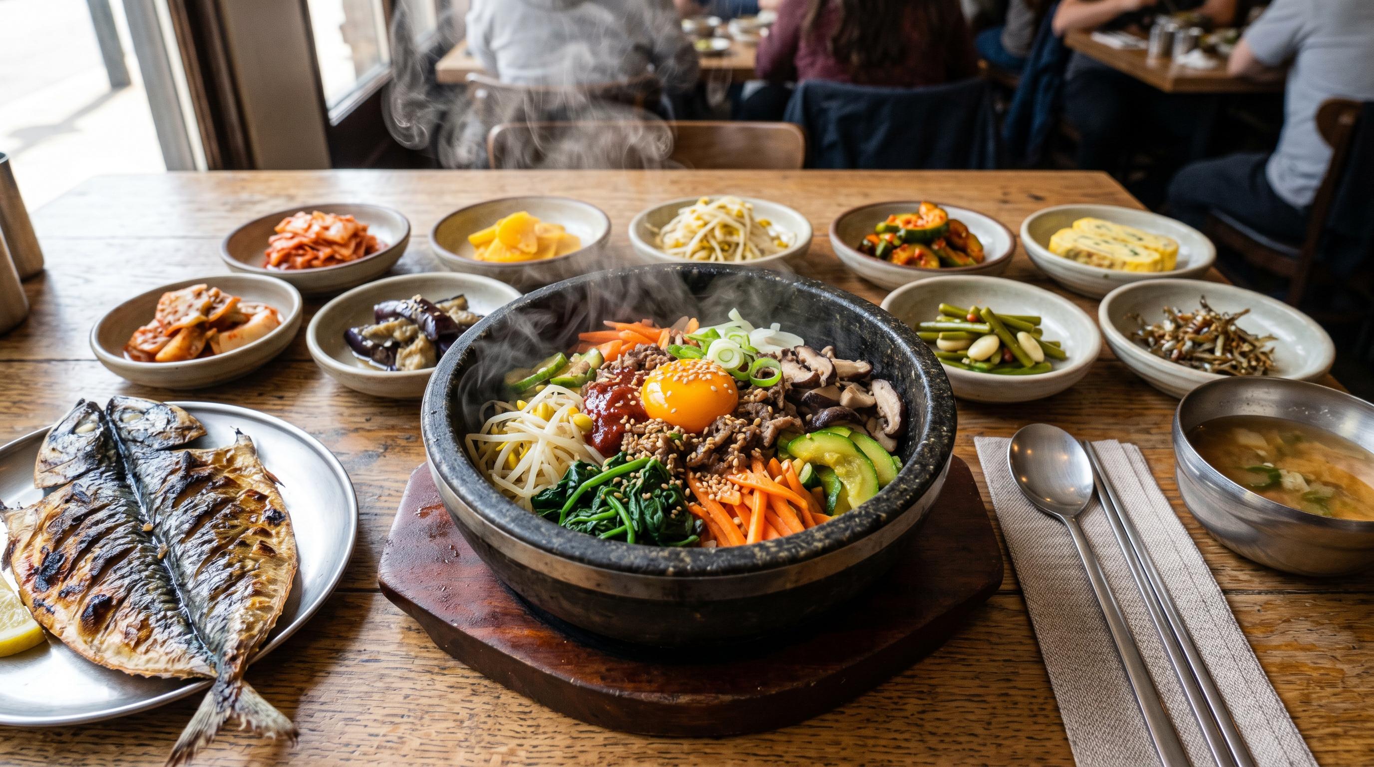 Mapo Kkak Doo Gee Korean restaurant table with stone pot bibimbap, grilled mackerel, and banchan side dishes