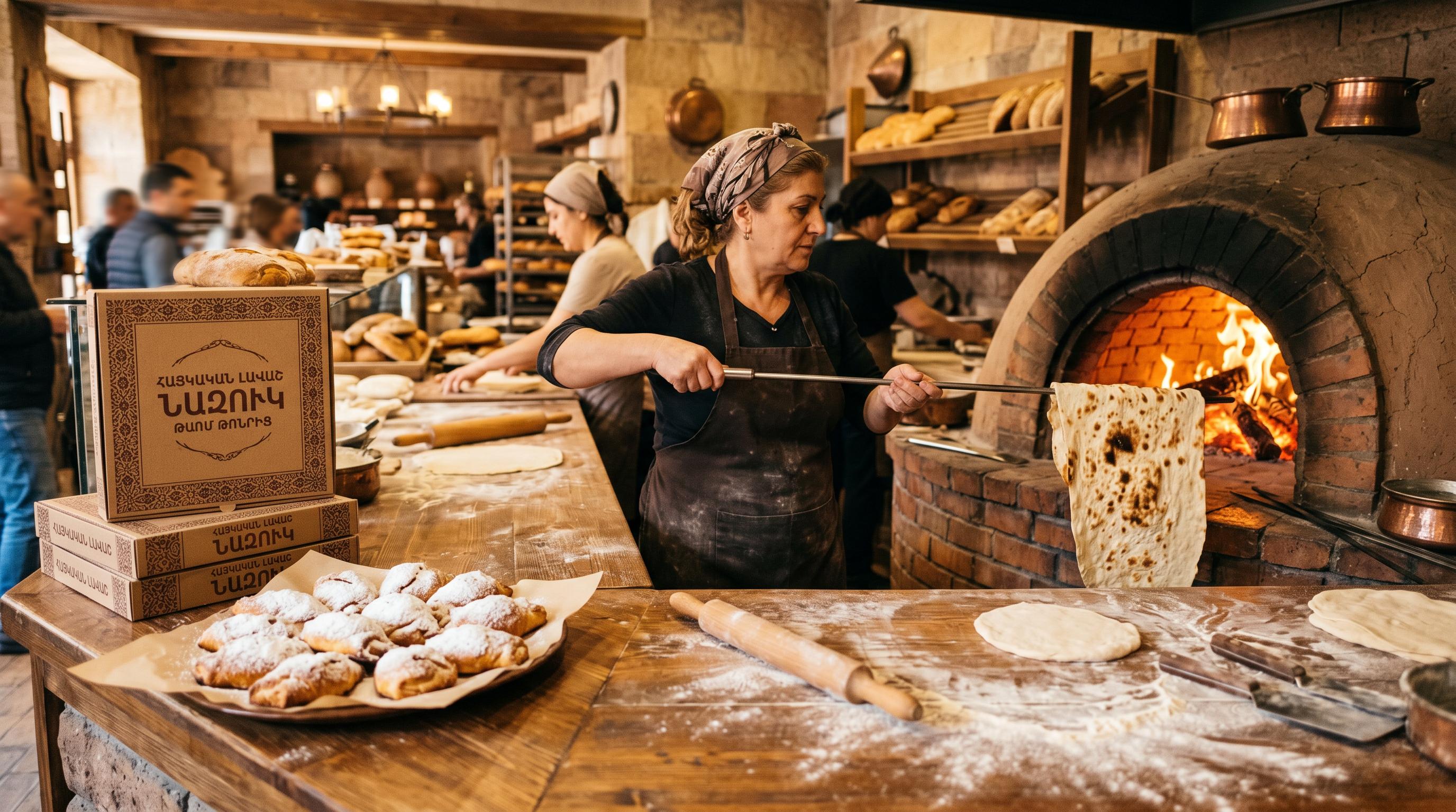 Fresh lavash bread being baked in a traditional clay oven at K'ARSI LAVASH bakery
