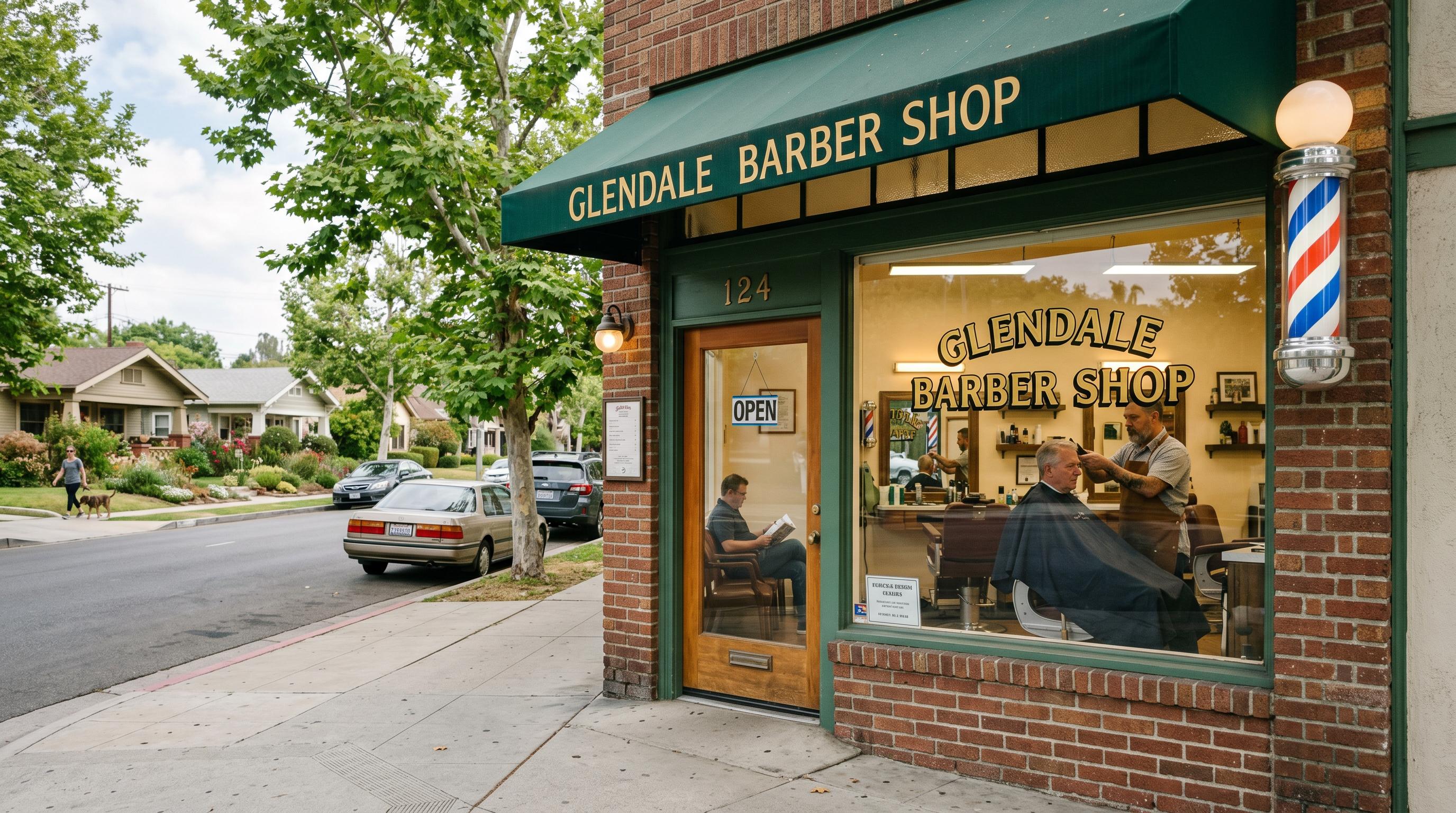 Good Barbershop storefront on a quiet residential street in Glendale