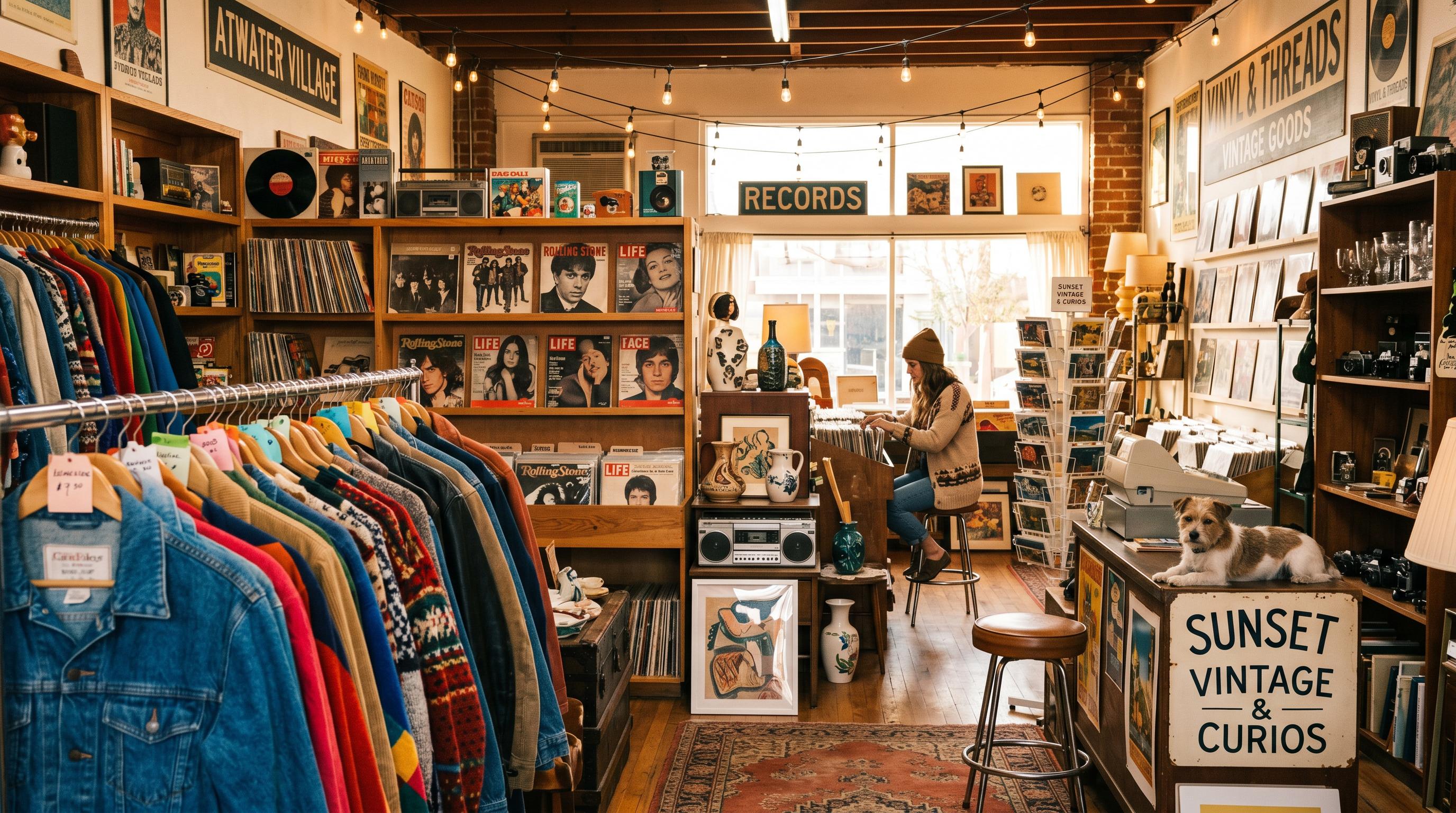 The Attic vintage shop interior with curated clothing and records