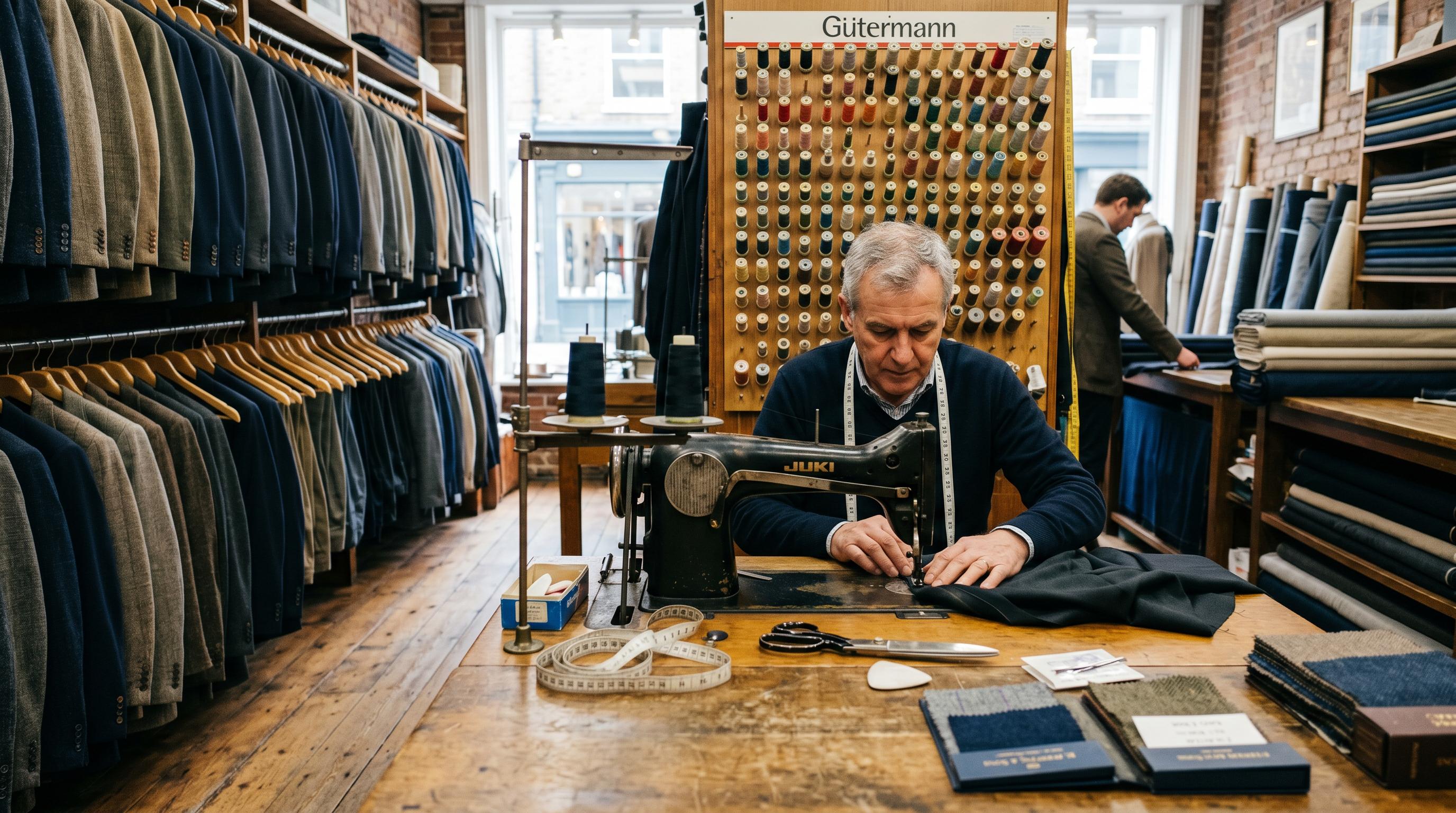 New York Tailor Shop interior with suits on racks and tailor at work