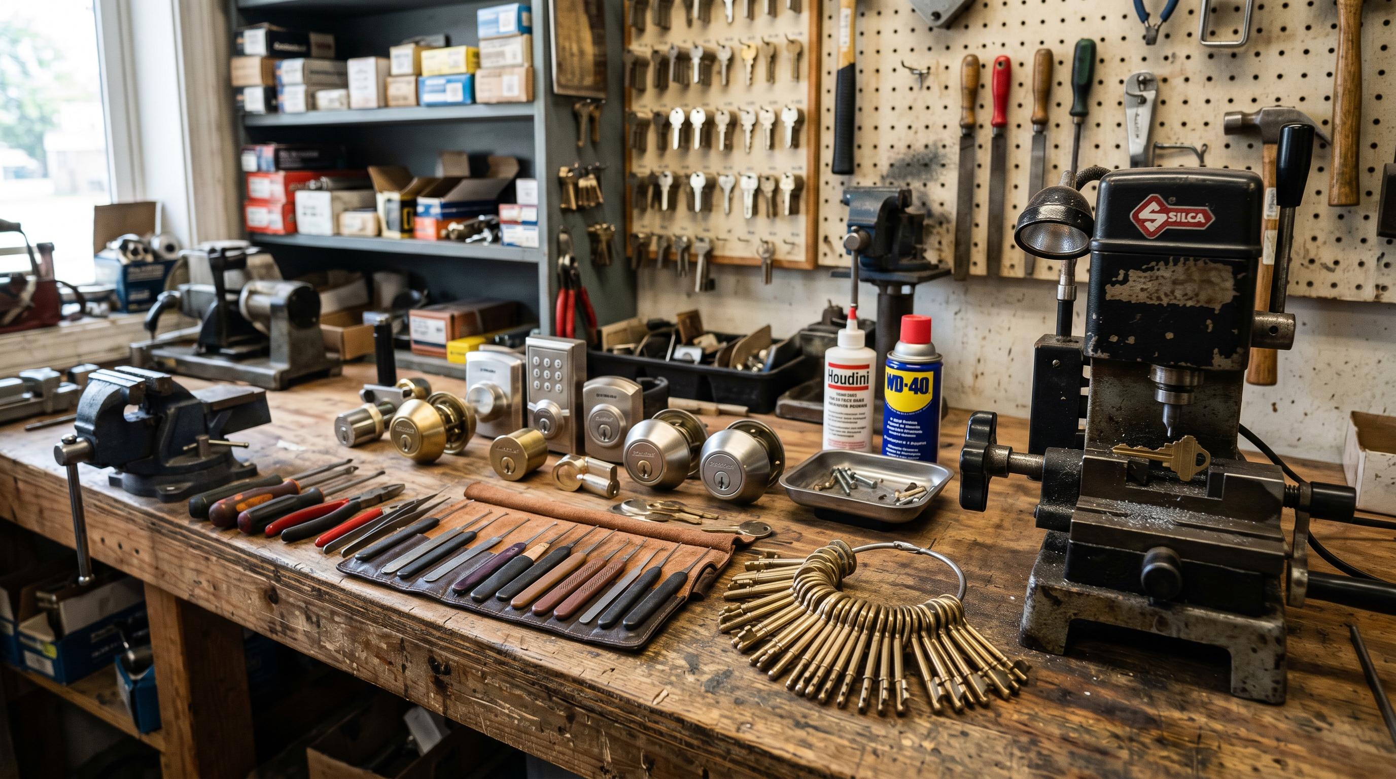 Locksmith workbench with keys and tools
