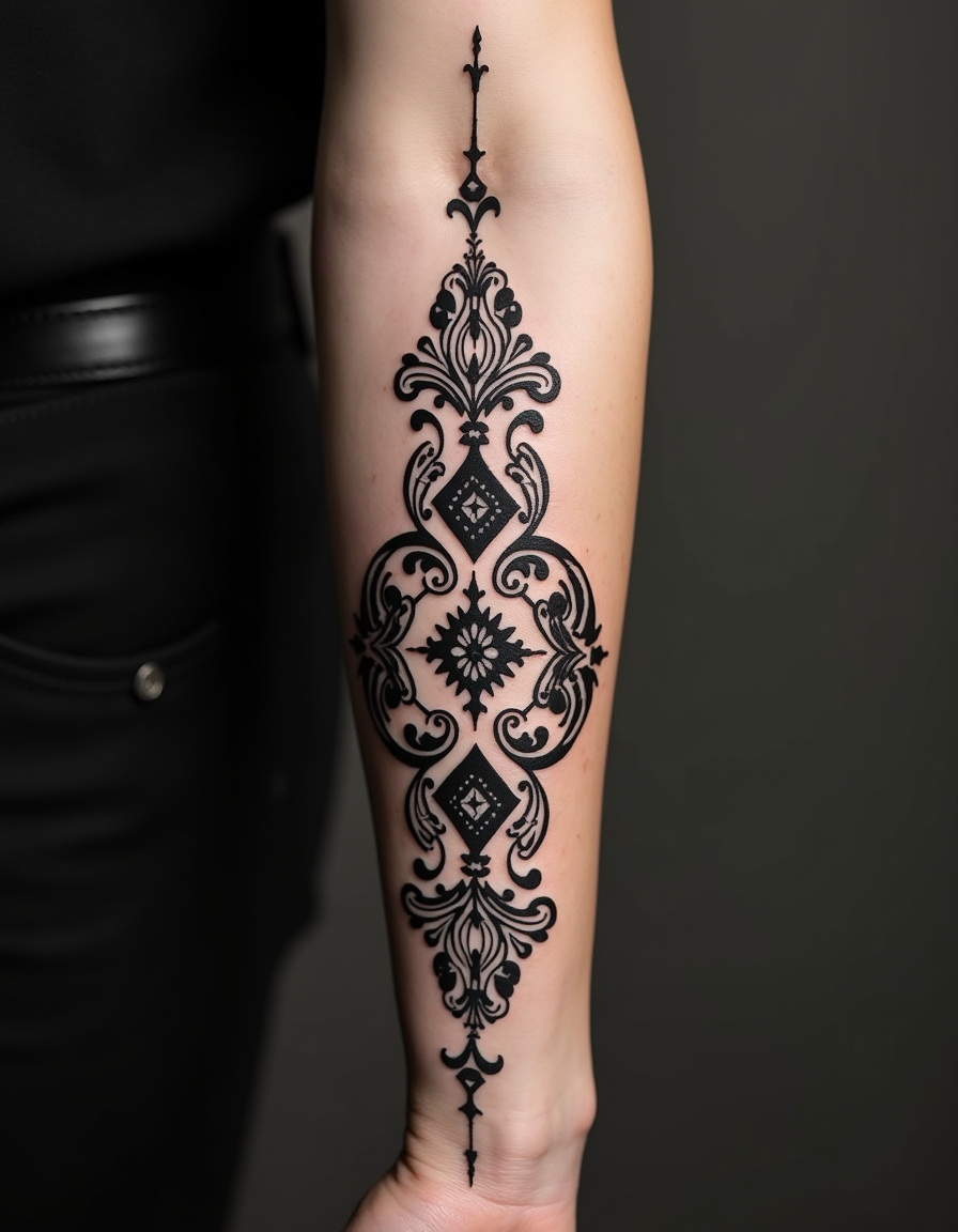 Ornamental blackwork tattoo with symmetrical botanical flourishes