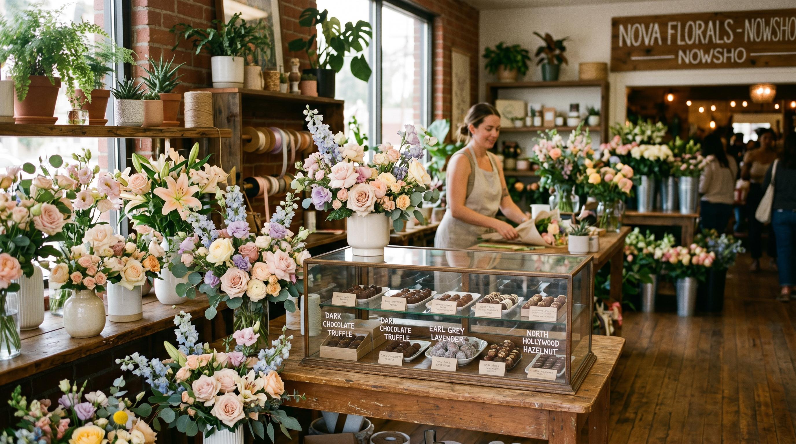 Flower shop interior with custom arrangements and handmade chocolates