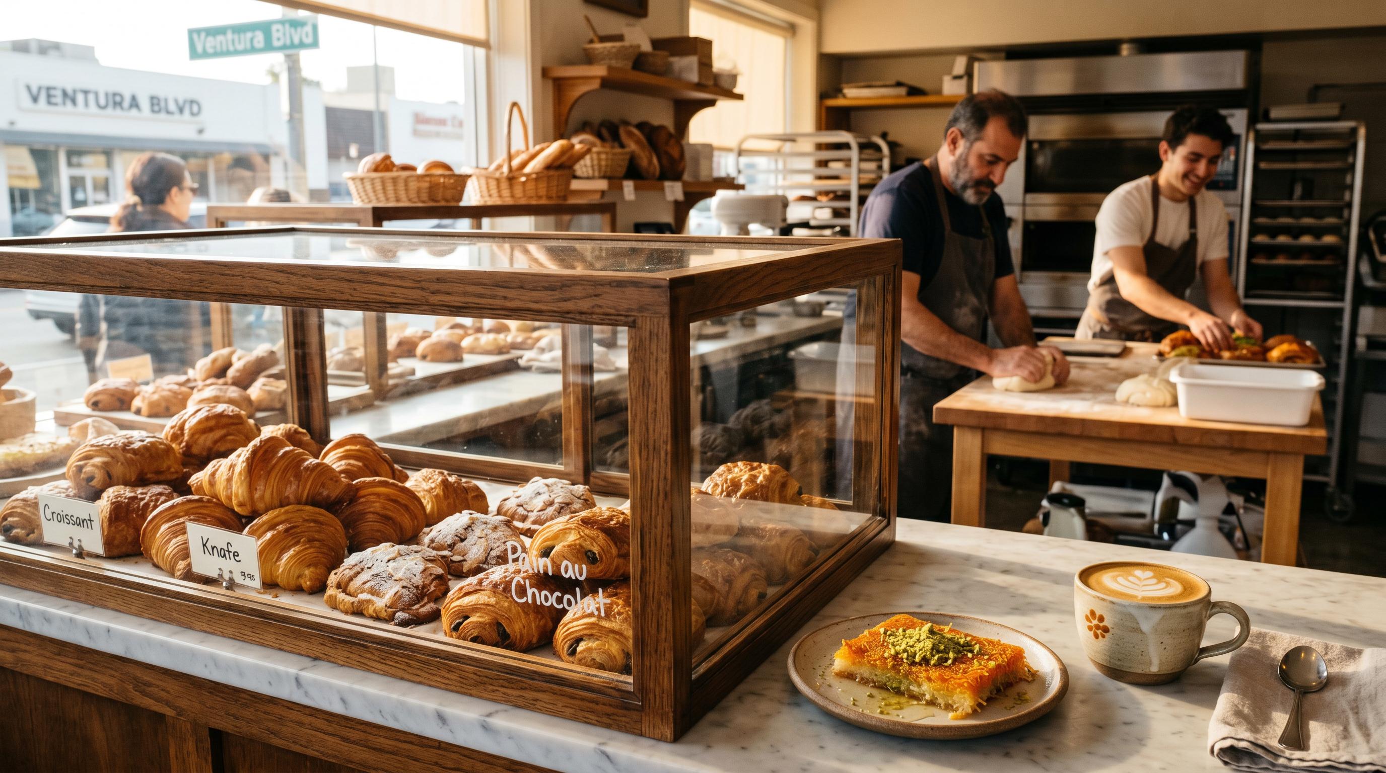 Fresh croissants and Lebanese knafe in the La Galette bakery display case on Ventura Boulevard